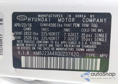 2016 Hyundai Tucson Se из США, поврежденный, VIN KM8J23A4XGU237420